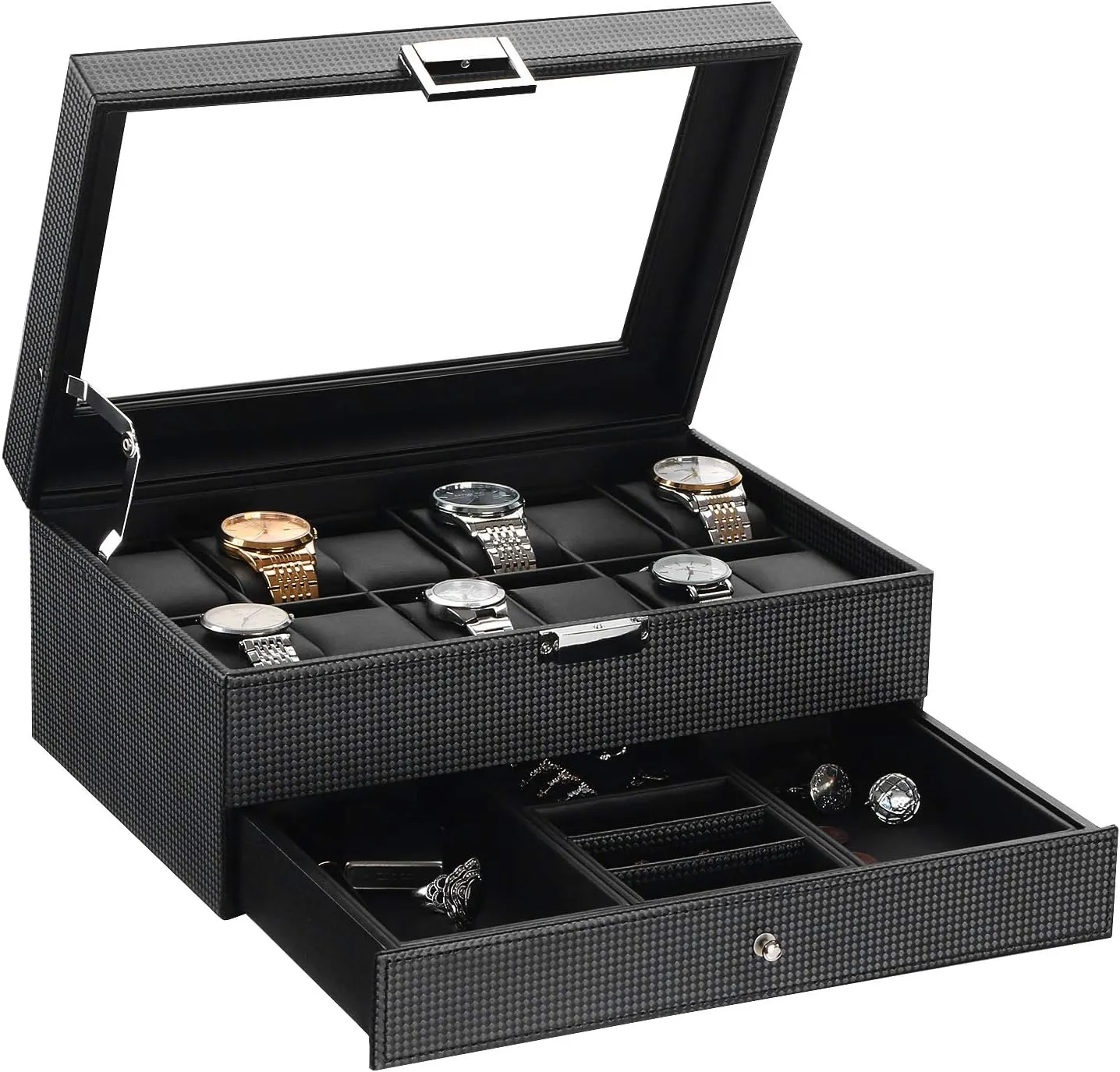 Valet Drawer, Mens Watch Display Cases for Men with Real Glass Top, 2-Layer Watch Hoder, Metal Hinge, Carbon Fiber Design, Black SSH02C BEWISHOME Watch Box Organizer 12 Slot Watch haven artifact average client contrast innovative Case with 