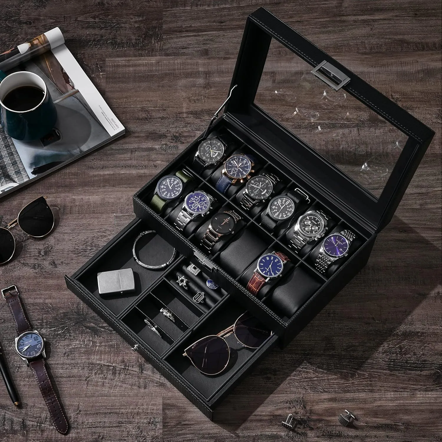 Valet Drawer, Mens Watch Display Cases for Men with Real Glass Top, 2-Layer Watch Hoder, Metal Hinge, Carbon Fiber Design, Black SSH02C BEWISHOME Watch Box Organizer 12 Slot Watch haven artifact average client contrast innovative Case with 