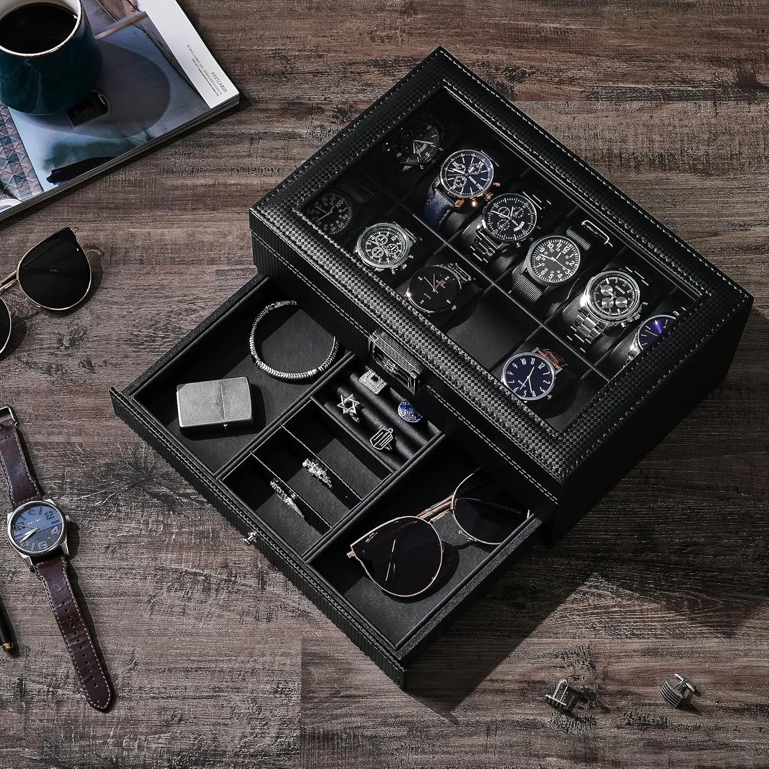 Valet Drawer, Mens Watch Display Cases for Men with Real Glass Top, 2-Layer Watch Hoder, Metal Hinge, Carbon Fiber Design, Black SSH02C BEWISHOME Watch Box Organizer 12 Slot Watch haven artifact average client contrast innovative Case with 