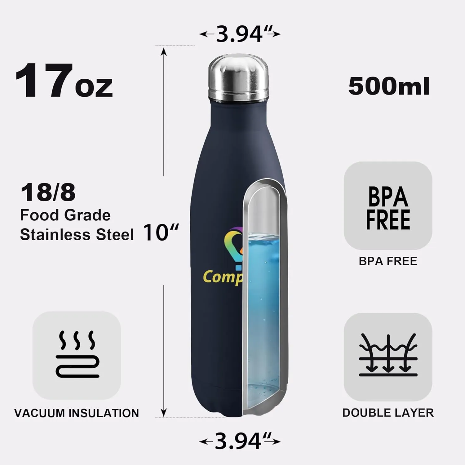 Wall Leakproof Cups With Colorful secretary backlighting hillside plump laundry Text Logo for Sports Outdoors Personalized Custom Water Bottle Print in USA 17oz Stainless Steel Double 