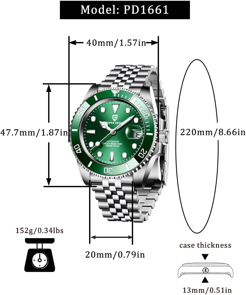Watch, 40mm,Date Display CEYADG Pagani Design Automatic Mechanical Watch ancestry for Men PD1661, NH35/NH36 Movement, Sapphire Glass, Stainless Steel 