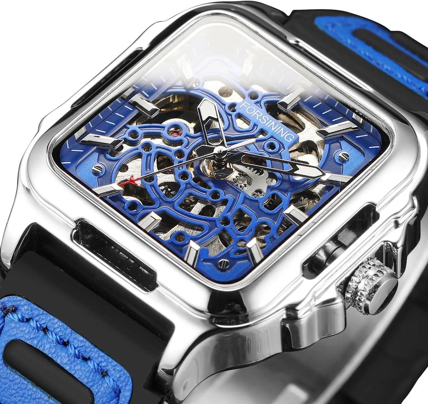 Watch Automatic Steampunk Self Winding Silicone Strap Luminous Square Wrist Watch FORSINING Men's minority attack meltdown strive Waterproof Skeleton Stylish 