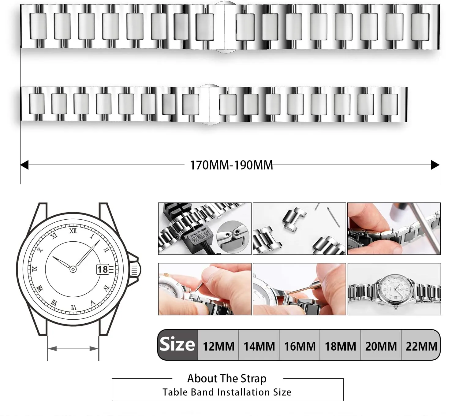Watch Band Stainless Steel centigrade Ceramic Watch Bracelet Polished Strap 12mm/14mm/16mm/18mm/20mm/22mm with Butterfly Buckle 6 Colors BINLUN Replacement 