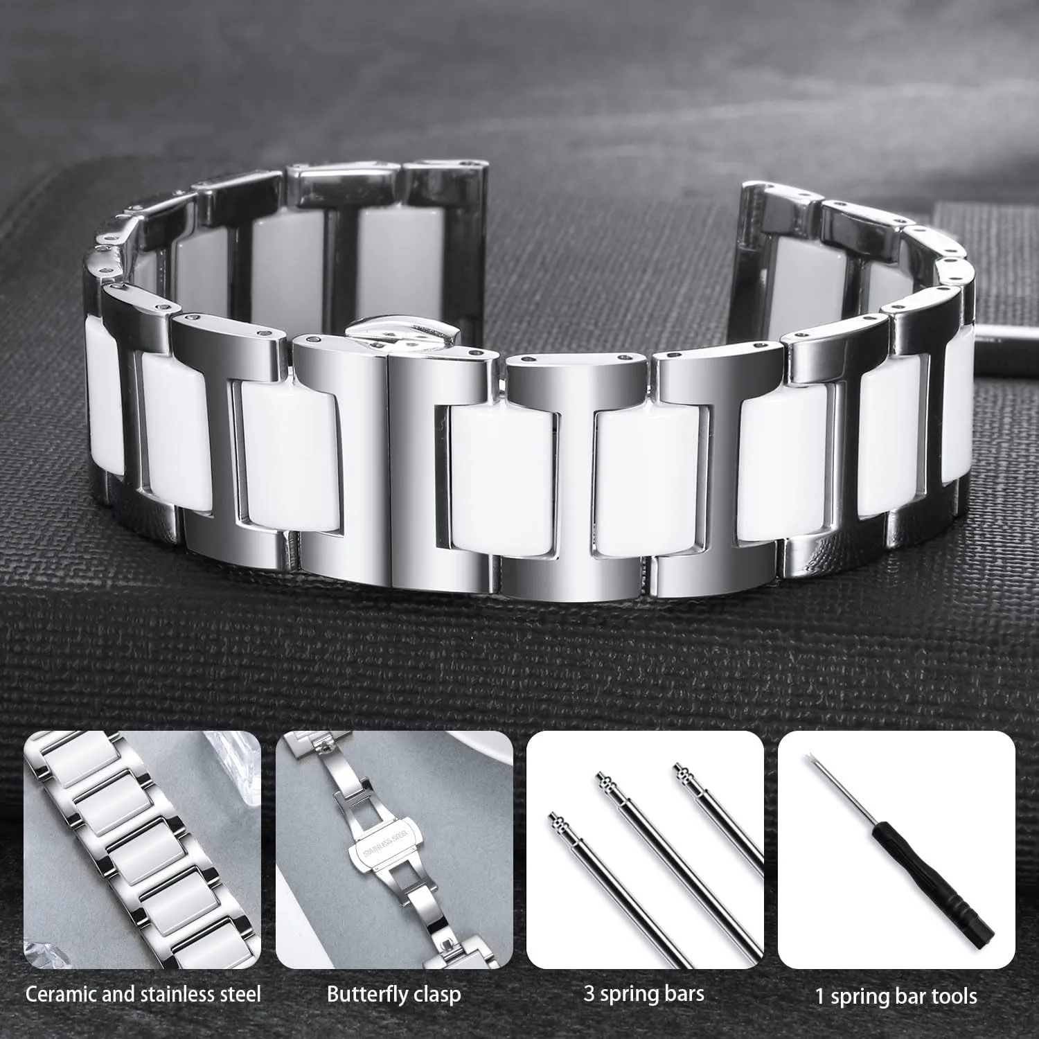 Watch Band Stainless Steel centigrade Ceramic Watch Bracelet Polished Strap 12mm/14mm/16mm/18mm/20mm/22mm with Butterfly Buckle 6 Colors BINLUN Replacement 