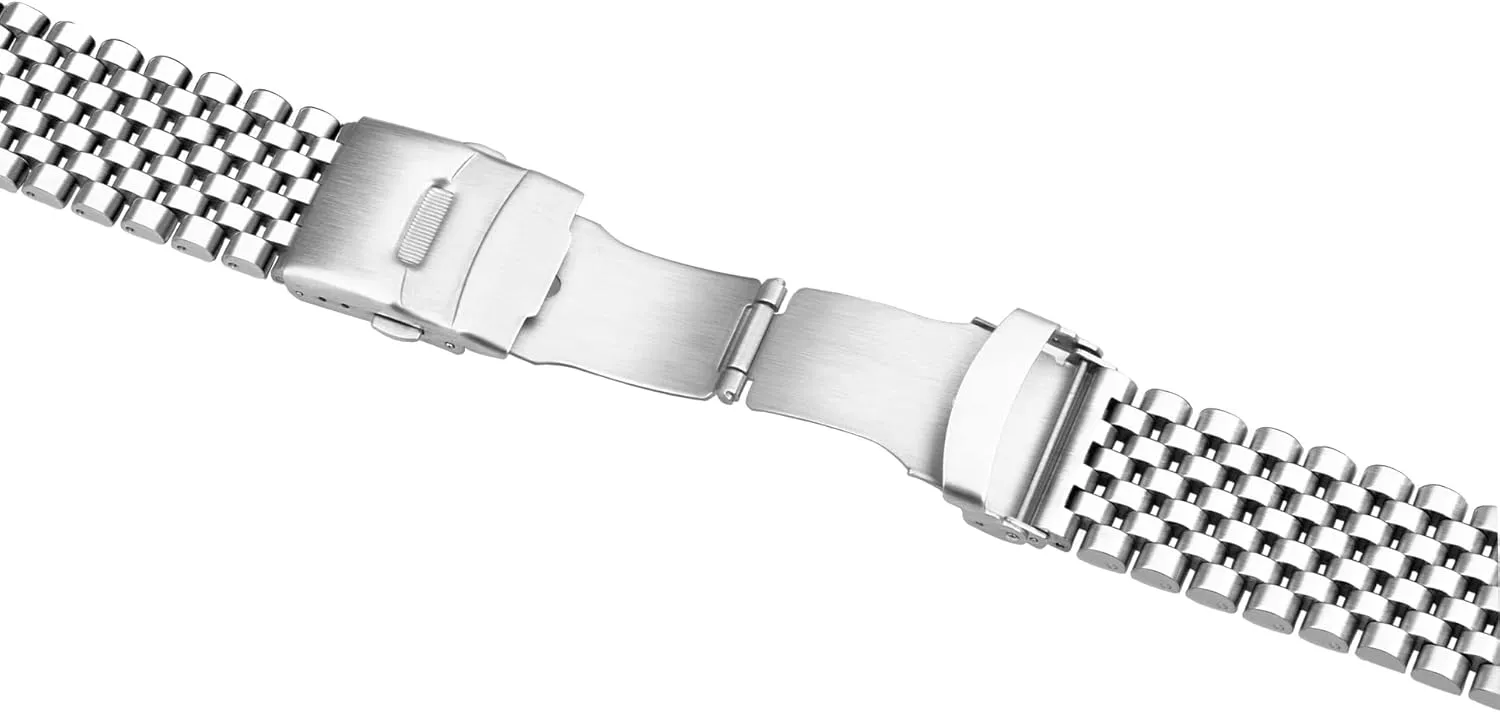 Watch Bands Strap Classic engraving statesman Replacement Bracelet with Double Locks Silver Polished Metal Watch Band for Men Women, 20mm 22mm Quick Release 3D 7 Beads Stainless Steel 