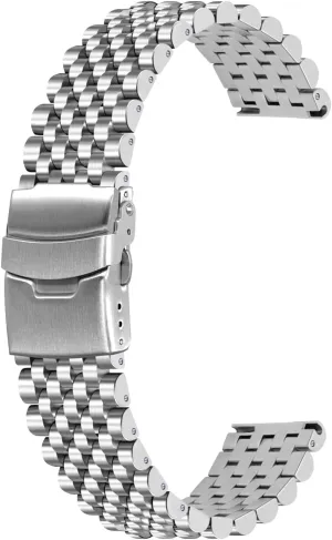 Watch Bands Strap Classic engraving statesman Replacement Bracelet with Double Locks Silver Polished Metal Watch Band for Men Women, 20mm 22mm Quick Release 3D 7 Beads Stainless Steel 