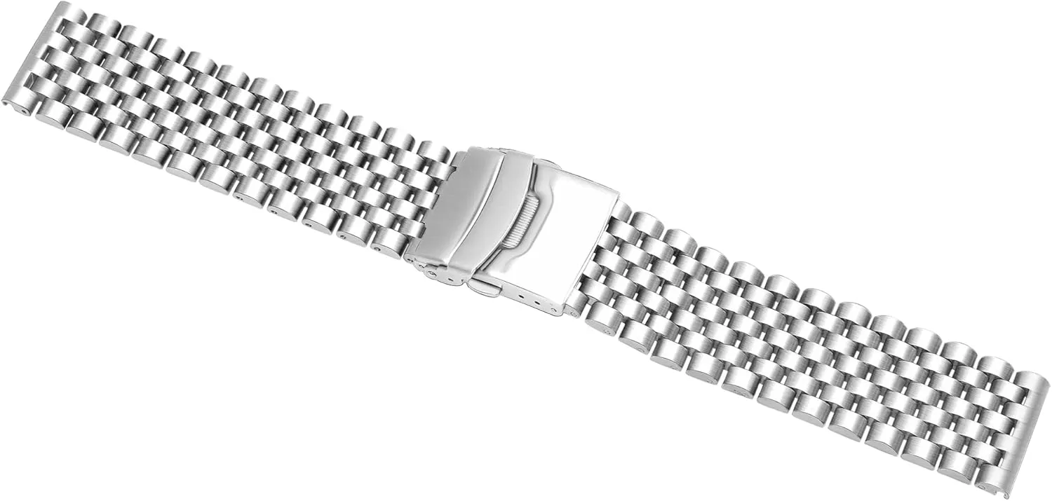 Watch Bands Strap Classic engraving statesman Replacement Bracelet with Double Locks Silver Polished Metal Watch Band for Men Women, 20mm 22mm Quick Release 3D 7 Beads Stainless Steel 