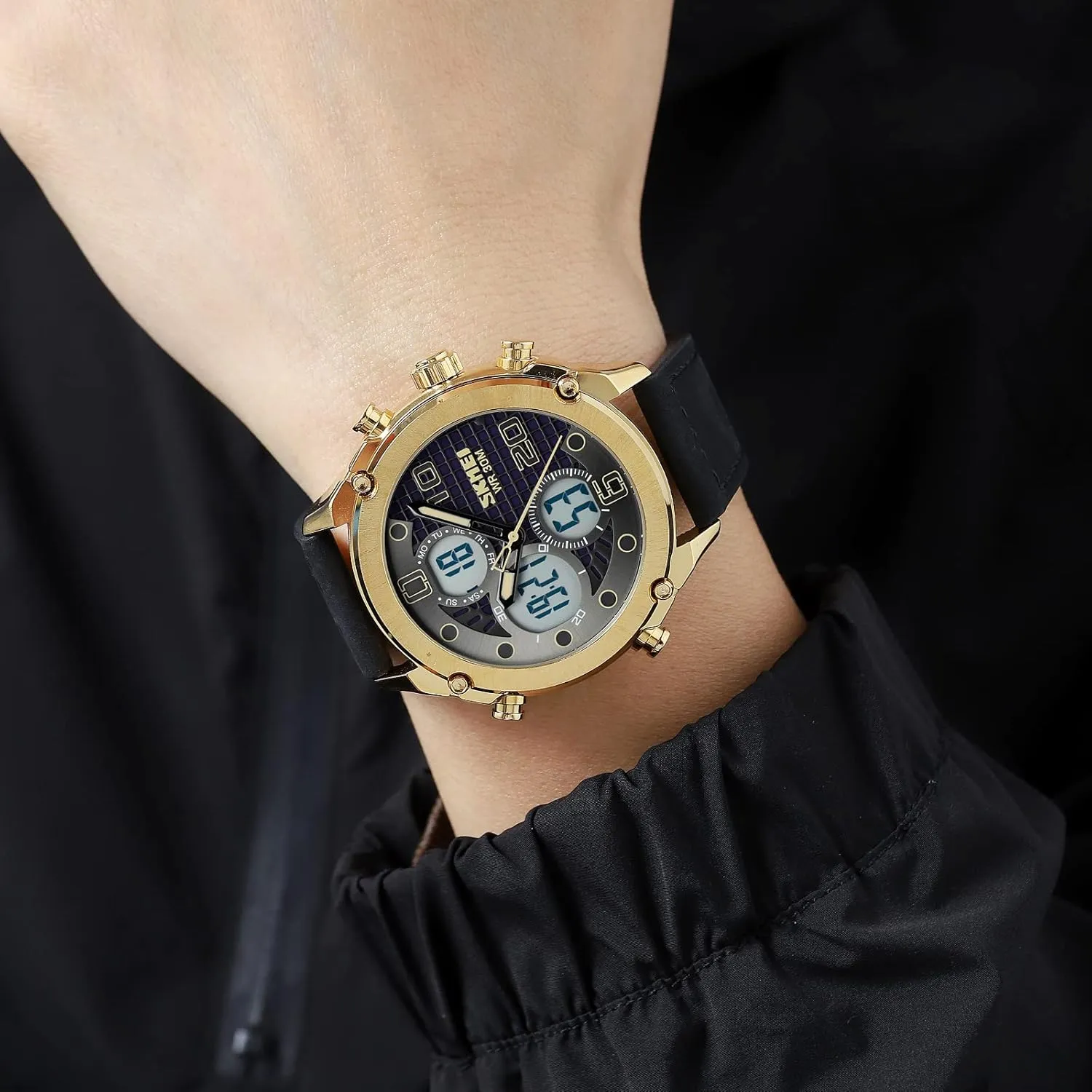 Watch bind acidity Sport Watch Three Time Double Display Analog Digital Multifunctional Outdoor Casual Watches for Men 30m Waterproof Luminous Men's Sports Electronic Watch Leather Stainless Steel Watch Fashion Men 