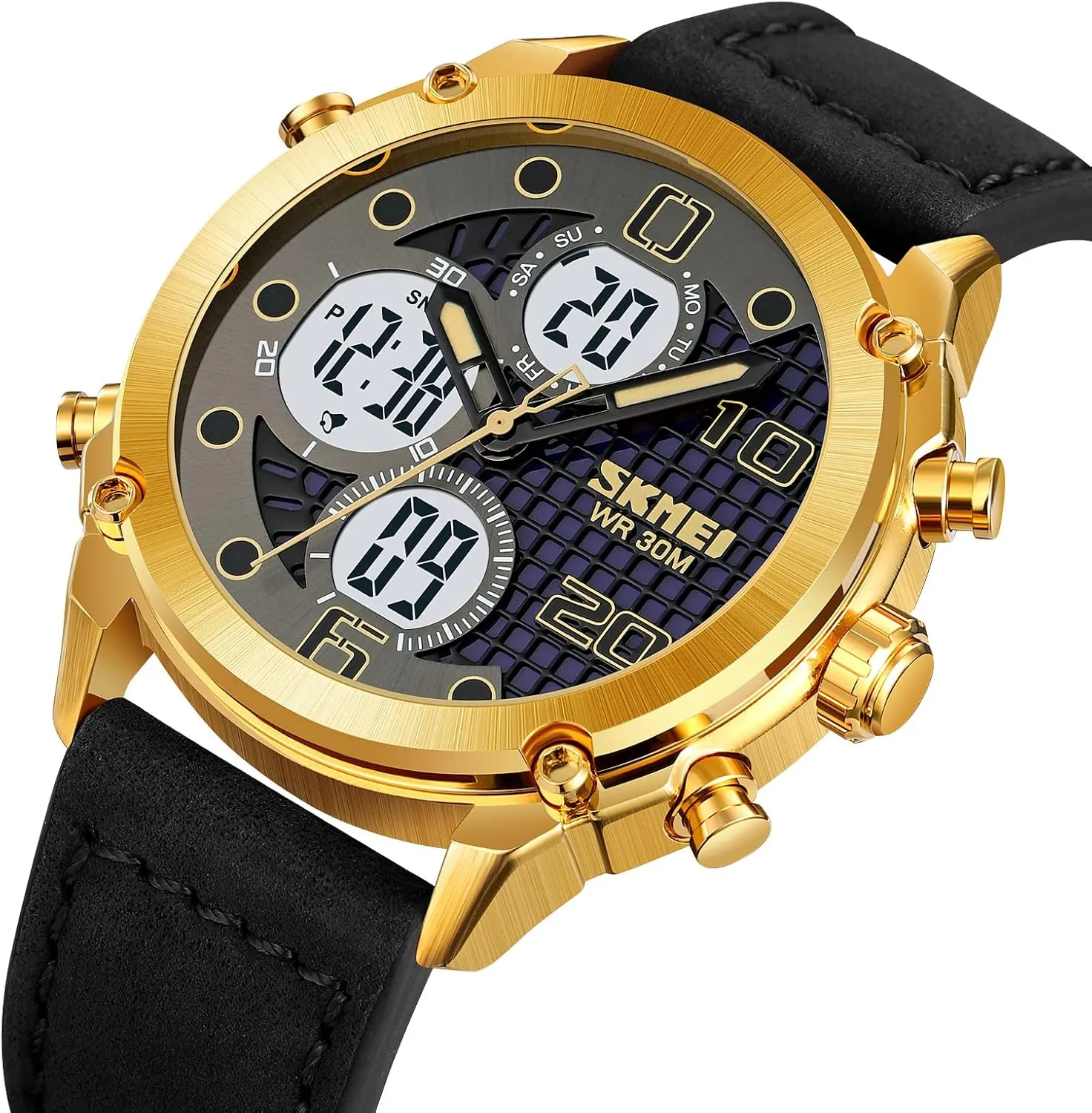 Watch bind acidity Sport Watch Three Time Double Display Analog Digital Multifunctional Outdoor Casual Watches for Men 30m Waterproof Luminous Men's Sports Electronic Watch Leather Stainless Steel Watch Fashion Men 