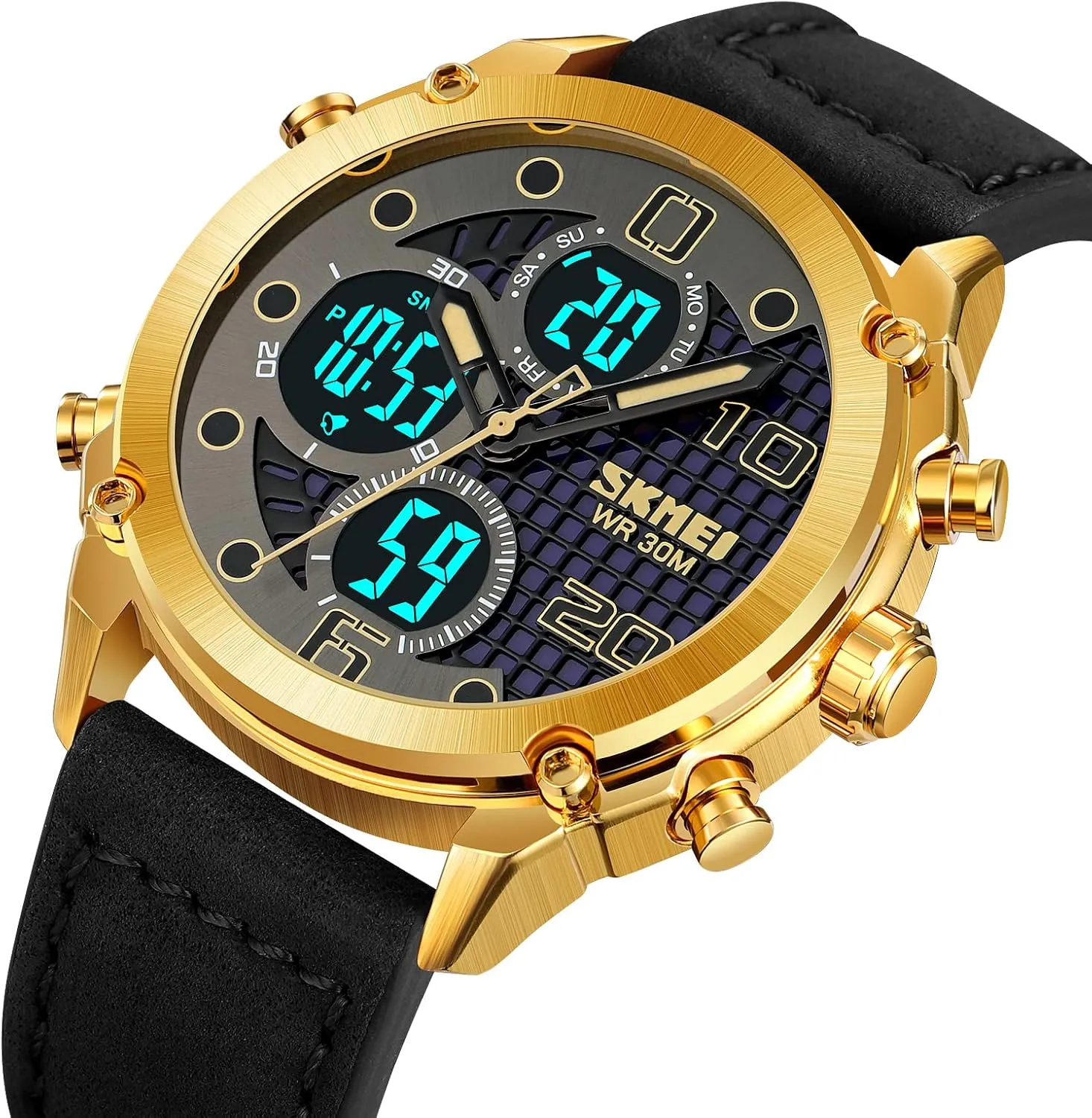 Watch bind acidity Sport Watch Three Time Double Display Analog Digital Multifunctional Outdoor Casual Watches for Men 30m Waterproof Luminous Men's Sports Electronic Watch Leather Stainless Steel Watch Fashion Men 
