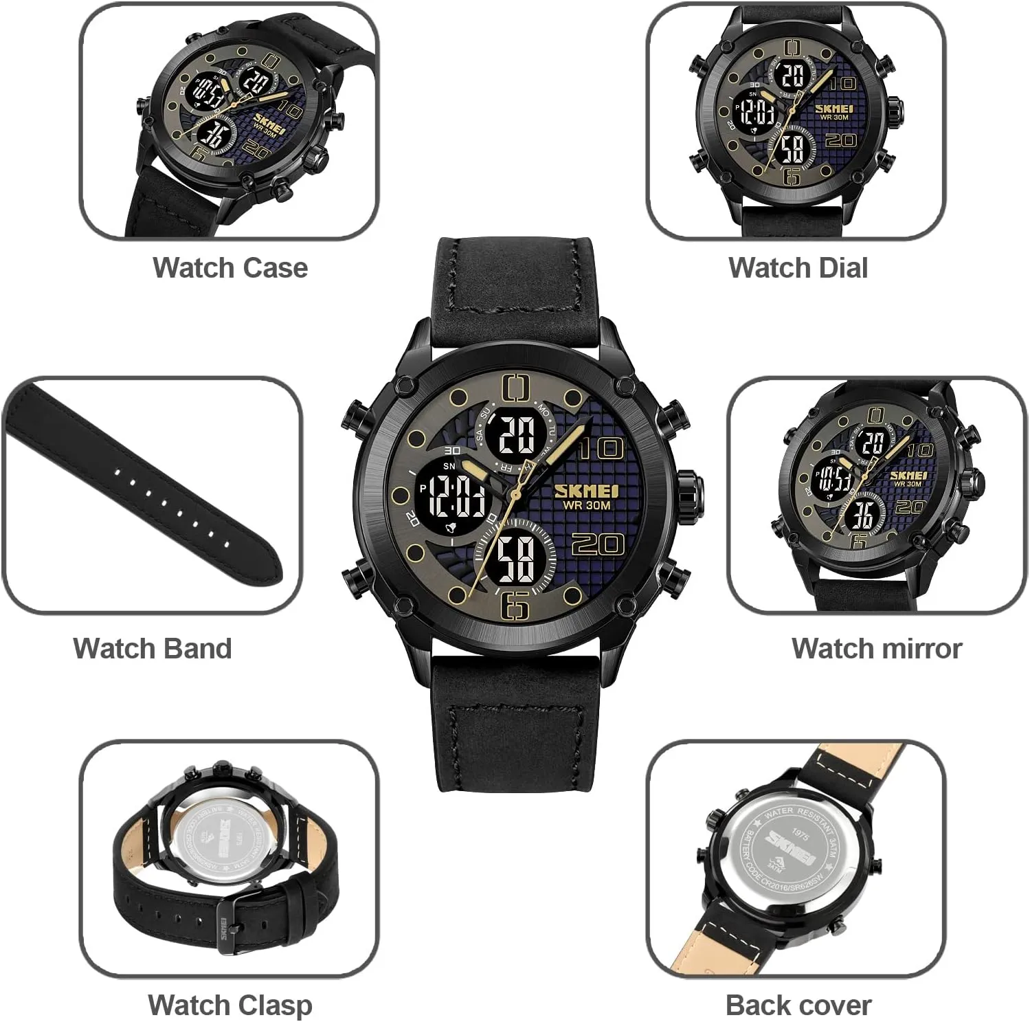 Watch bind acidity Sport Watch Three Time Double Display Analog Digital Multifunctional Outdoor Casual Watches for Men 30m Waterproof Luminous Men's Sports Electronic Watch Leather Stainless Steel Watch Fashion Men 