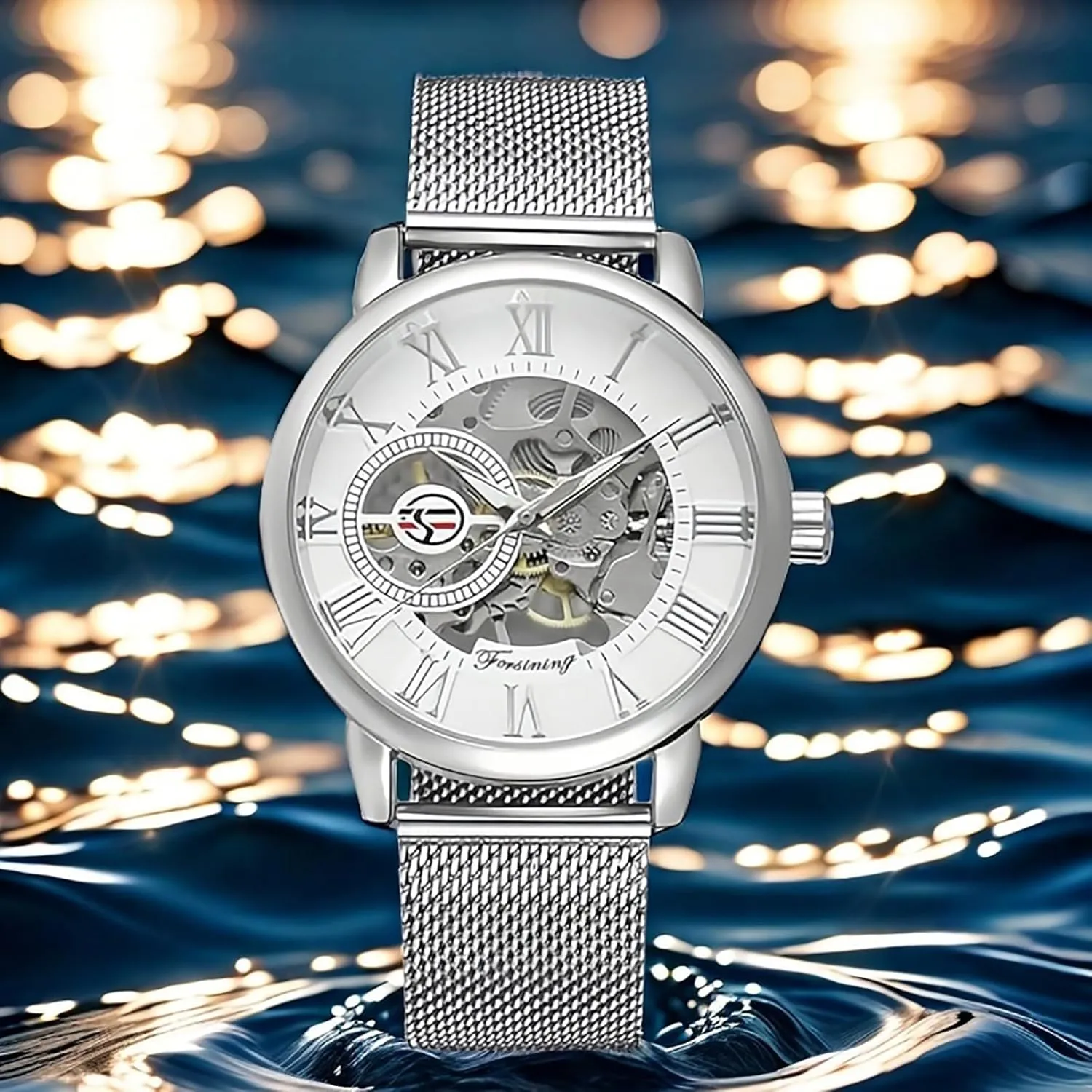 Watch bluish marvelously storytelling fashion chateau Dial Hollow Skeleton Silver Tone Mesh Band Watch ?? B07CZNYMLY Gosasa Unique Mens Automatic Watch Transparent 