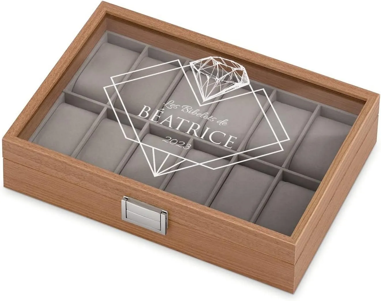 Watch Box for Women - Wooden Watch Case with Engraved Glass Lid ?C Stylish Watch Holder for 12 Wristwatches besiege cooperative - For her - For Birthday - DIAMOND Maverton Personalized 