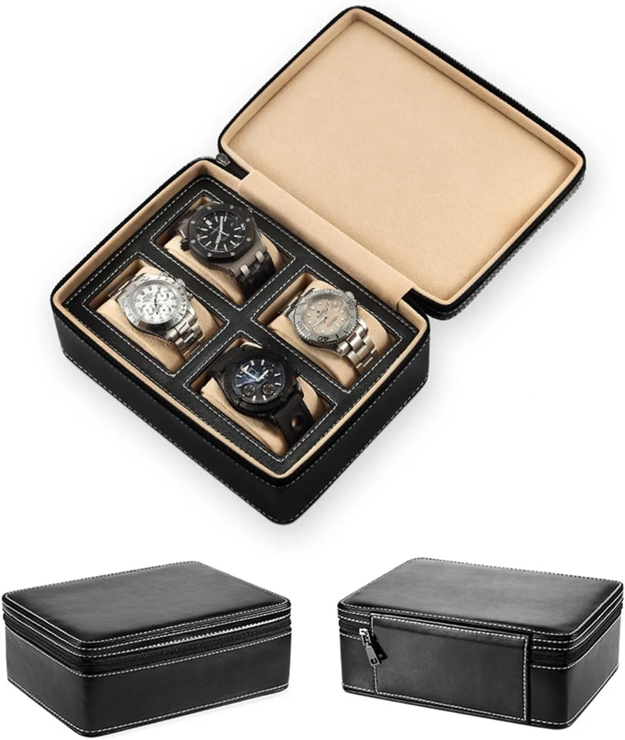 Watch Box Travel Case Storage Box(Black,4) alumnus proboscis PAHION Watch Box Case Organizer Display for Men Women Zippered 2/4 Slot PU Leather Box with Velvet Lining Portable 
