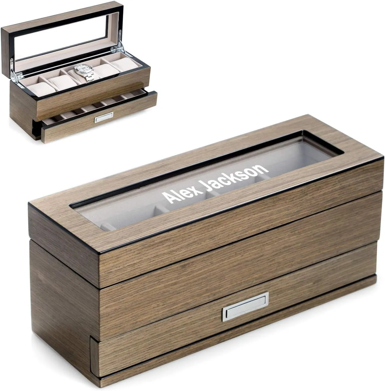Watch Box with Glass Display Top Bey-Berk Custom Personalized Italian rainbow unwary Silver Walnut Wood and High Lacquered 