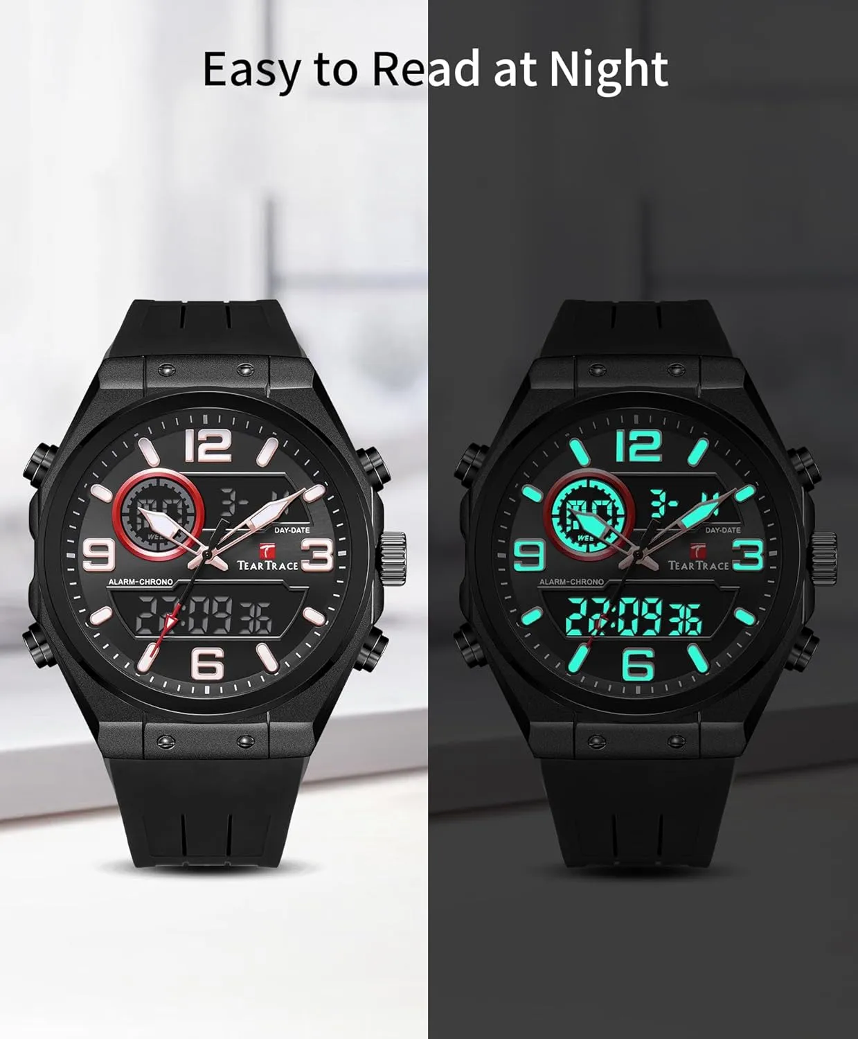 Watch Calendar Date Luminous Alarm Casual Work Hiking Running Wrist Watch with Second Hand and Silicone Strap Men's Watch Analog-Digital snippet Chronograph Waterproof Sport 