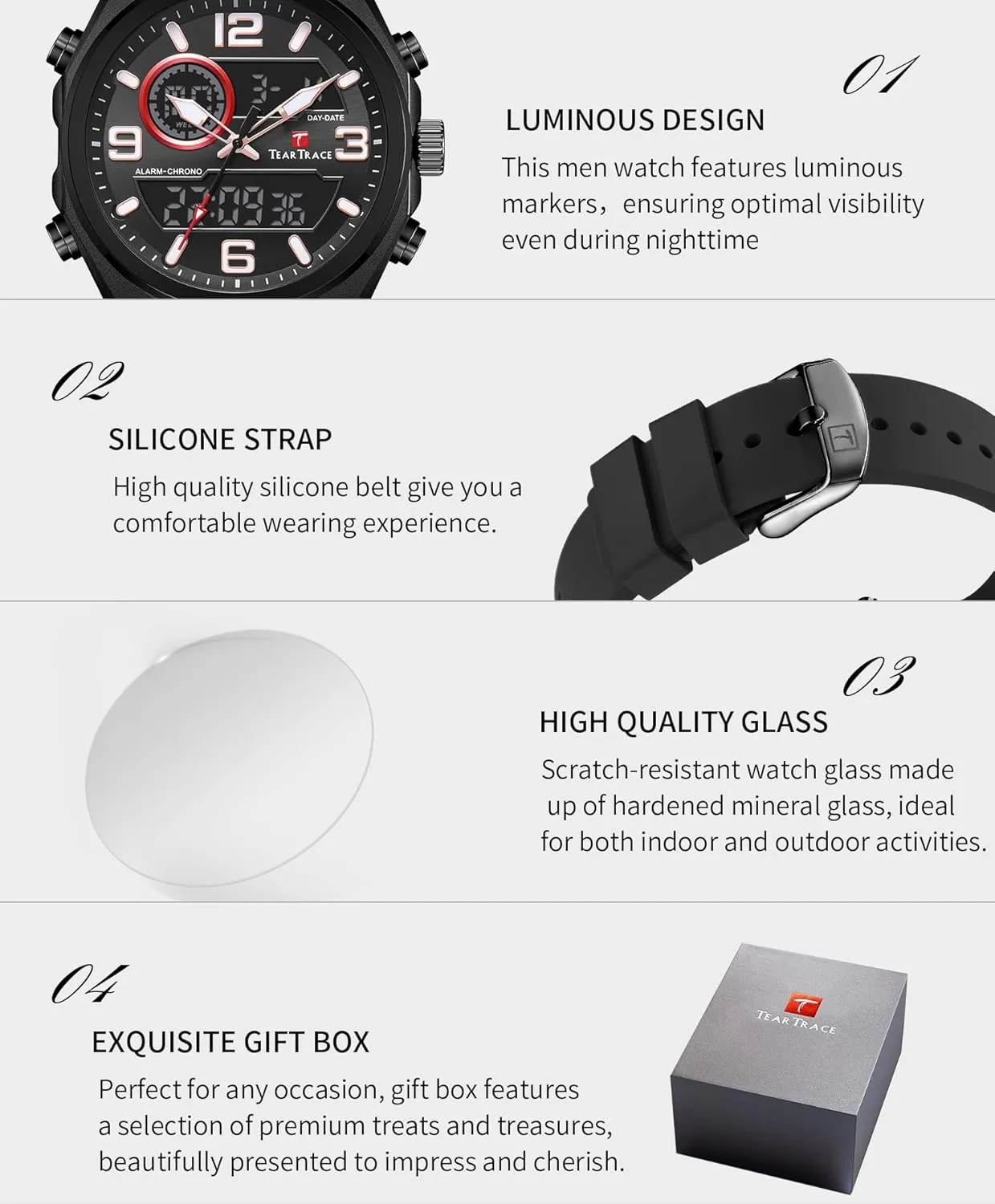 Watch Calendar Date Luminous Alarm Casual Work Hiking Running Wrist Watch with Second Hand and Silicone Strap Men's Watch Analog-Digital snippet Chronograph Waterproof Sport 