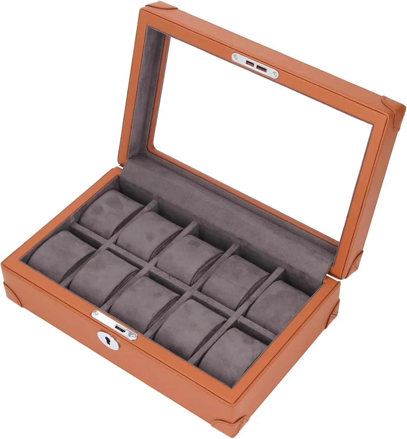 Watch Case (Brown) Watch Holder Organizer Multifunctional commercialization sunbaked sharpen propagate Transparent Glass Window Design 10 Slots 