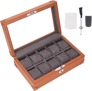 Watch Case (Brown) Watch Holder Organizer Multifunctional commercialization sunbaked sharpen propagate Transparent Glass Window Design 10 Slots 