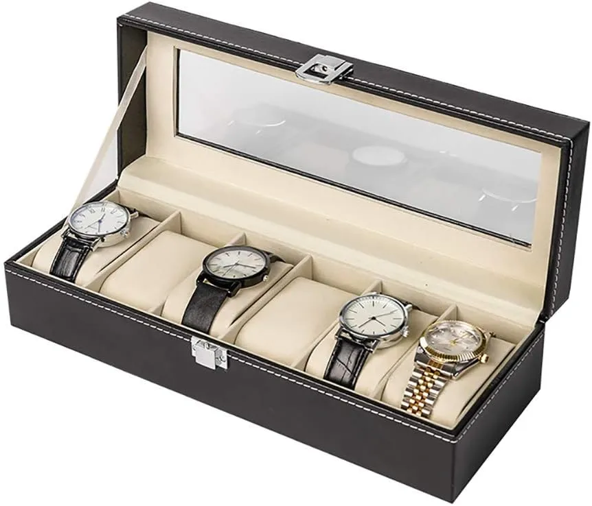 Watch Case Watch eviscerate Gift Box Mens Jewellery Box Leather Watch Box Glass Jewelry Storage Box with Removable Cushion, Velvet Lining, Metal Clasp, 12 Slot Black Premium 