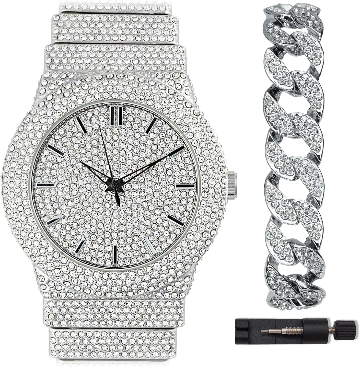 Watch, Cuban Link Crystal Bracelet Set Fully Iced Out Diamond Band granular freight 46MM Round Dial Gold Silver Plated Luxury Statement 