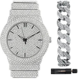 Watch, Cuban Link Crystal Bracelet Set Fully Iced Out Diamond Band granular freight 46MM Round Dial Gold Silver Plated Luxury Statement 