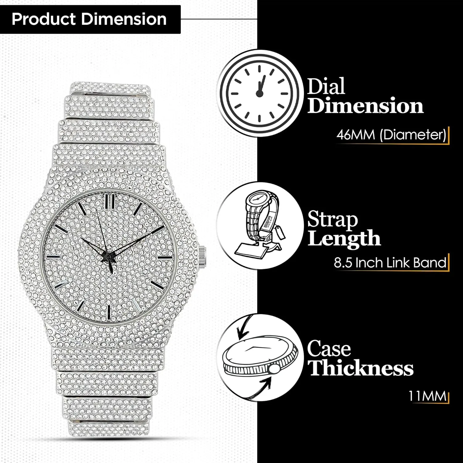 Watch, Cuban Link Crystal Bracelet Set Fully Iced Out Diamond Band granular freight 46MM Round Dial Gold Silver Plated Luxury Statement 