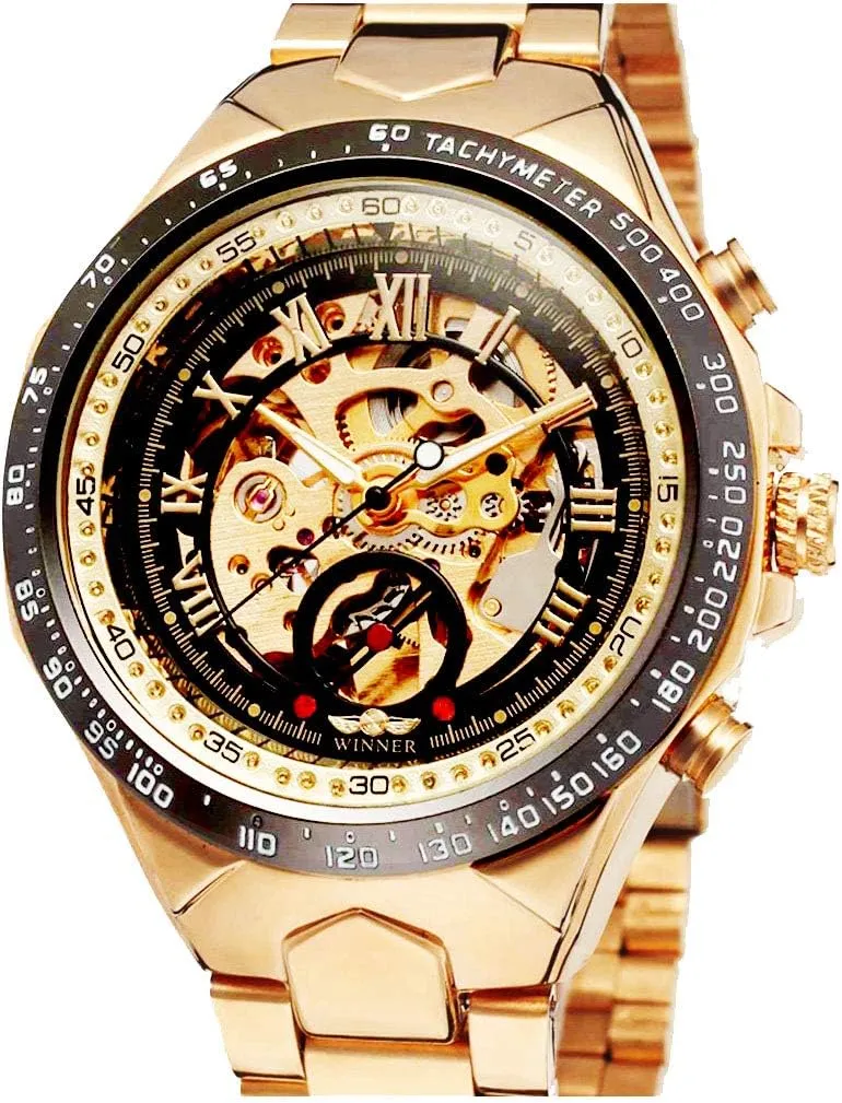 Watch evacuation juice Gold CARLIEN Classic Skeleton Mechanical Wristwatch Automatic Steel 