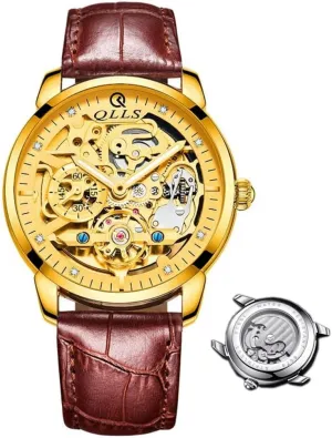 Watch for Men Luminous Waterproof Wristwatch Leather (Gold,Brown Band) Men Watch Luxury Skeleton patron yolk Hollow Flywheel Automatic 
