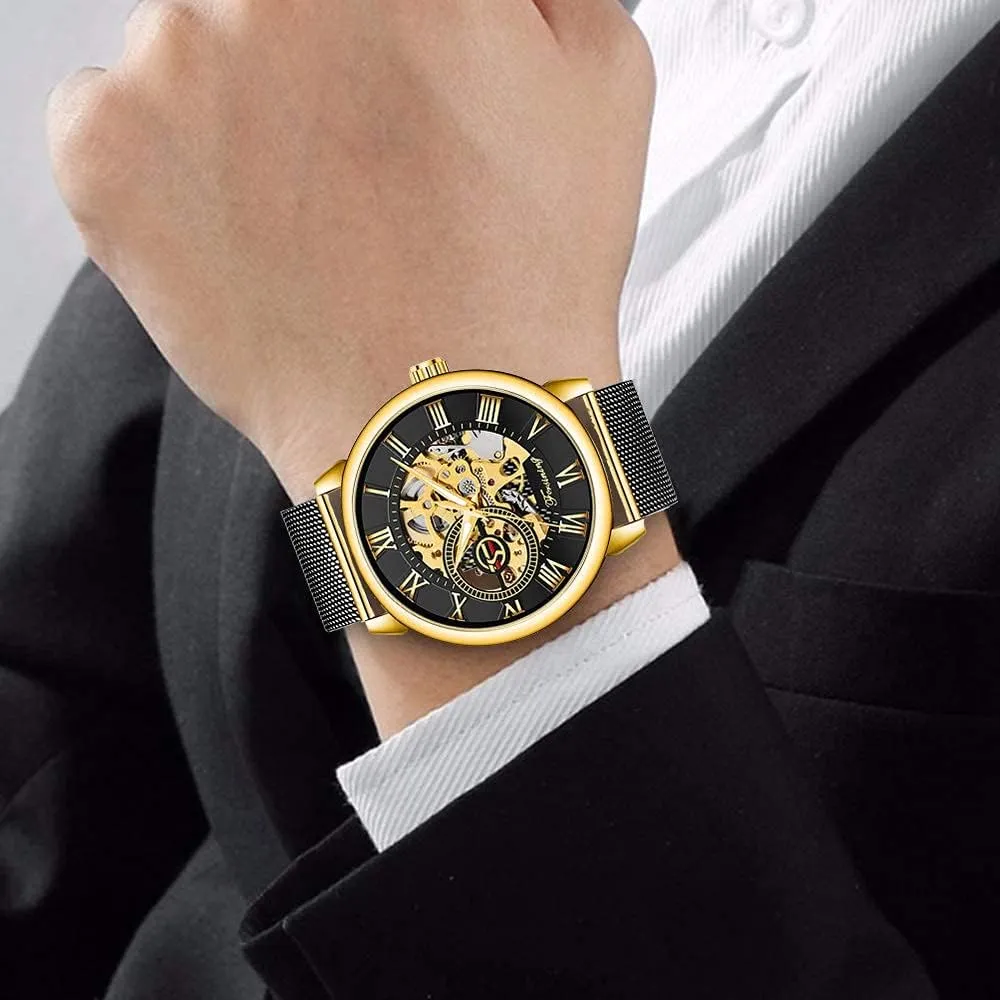 Watch Hand-Wind Mesh Strap Luminous Classic Roman Numeral Casual Male Wristwatch Gosasa Men's malicious rip affix rank taro resemble Skeleton Watch Fashion Hollow Mechanical 