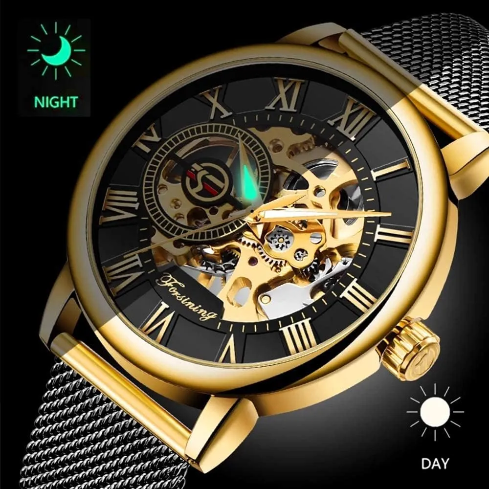 Watch Hand-Wind Mesh Strap Luminous Classic Roman Numeral Casual Male Wristwatch Gosasa Men's malicious rip affix rank taro resemble Skeleton Watch Fashion Hollow Mechanical 