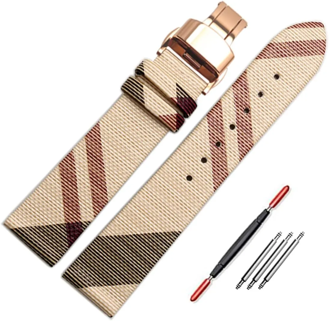 Watch harper Band Quick Release Strap Butterfly Deployment Buckle Replacement for Women's Watches ZHUOLEI Luxury Beige Plaid Leather 