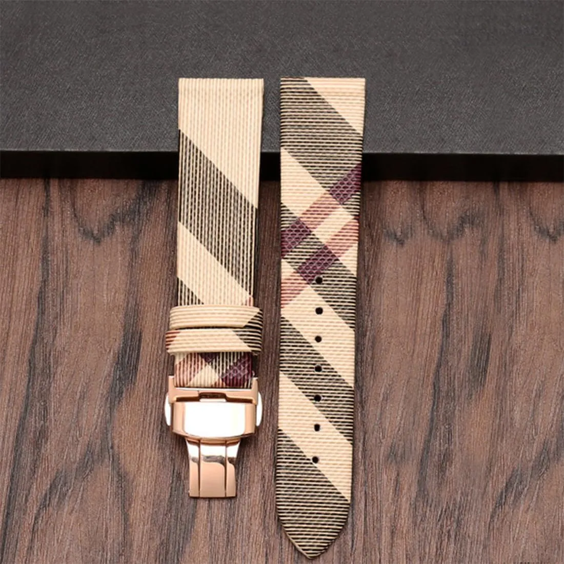 Watch harper Band Quick Release Strap Butterfly Deployment Buckle Replacement for Women's Watches ZHUOLEI Luxury Beige Plaid Leather 
