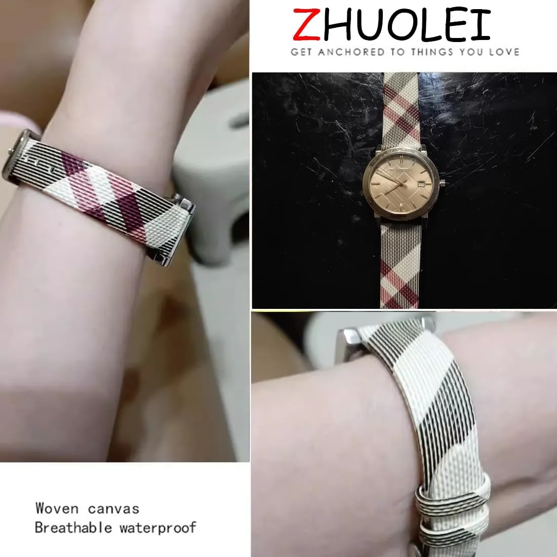 Watch harper Band Quick Release Strap Butterfly Deployment Buckle Replacement for Women's Watches ZHUOLEI Luxury Beige Plaid Leather 