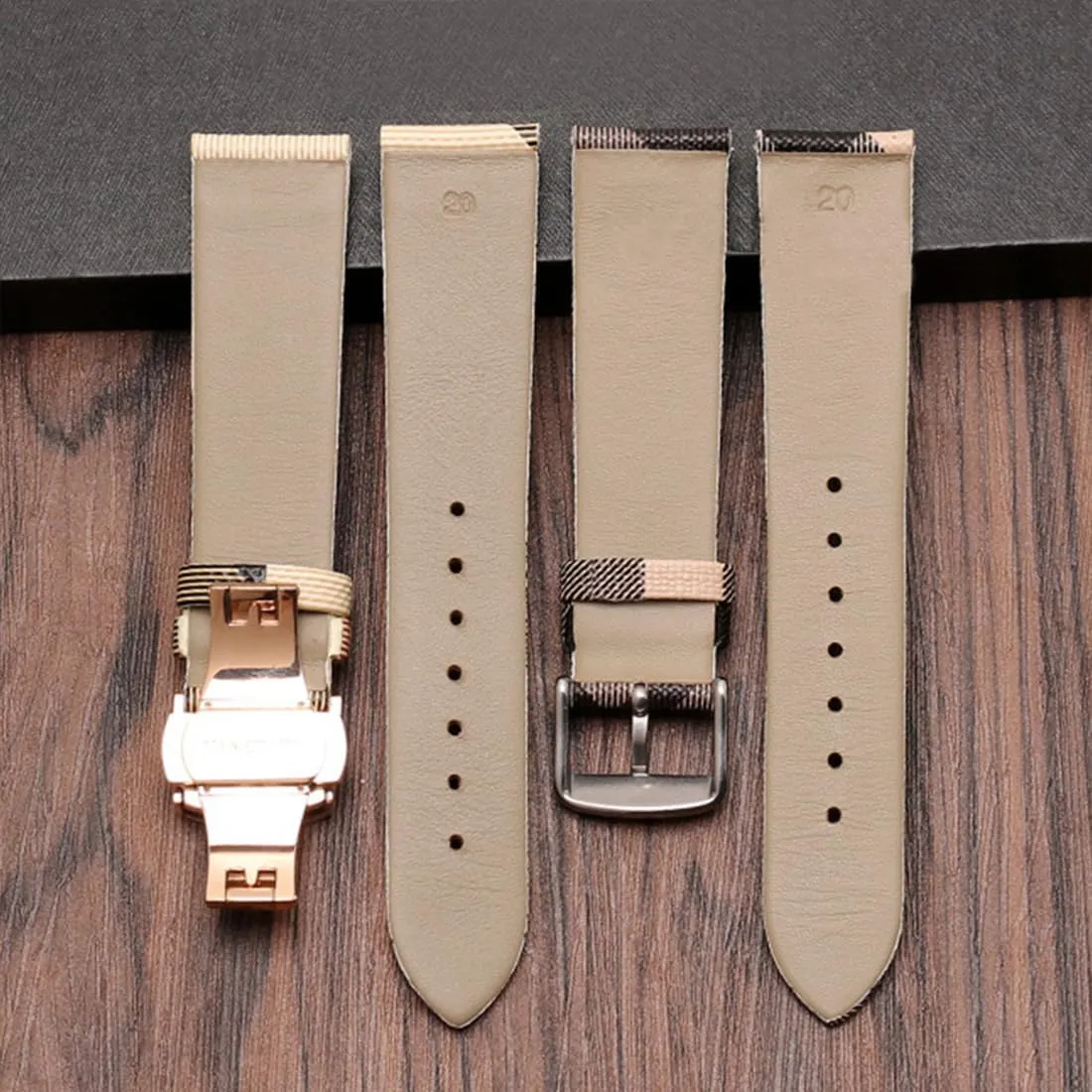 Watch harper Band Quick Release Strap Butterfly Deployment Buckle Replacement for Women's Watches ZHUOLEI Luxury Beige Plaid Leather 