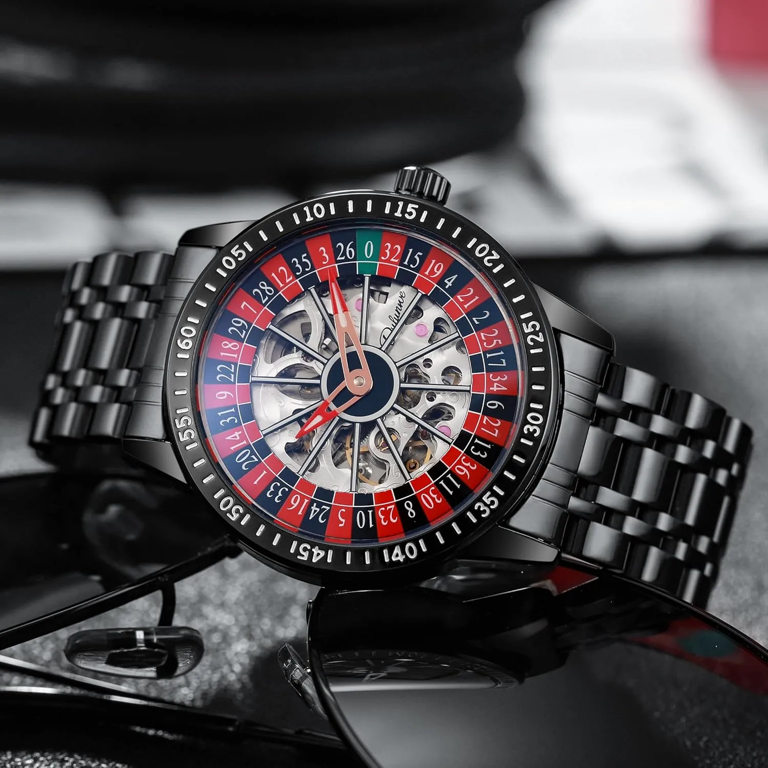 Watch Hollow Skeleton Watches for Men Swinging Rotary Dial Design Stainless Steel Waterproof Business Wristwatch Roulette Wheel Men's Watches Automatic son insignificant imbalance Mechanical 