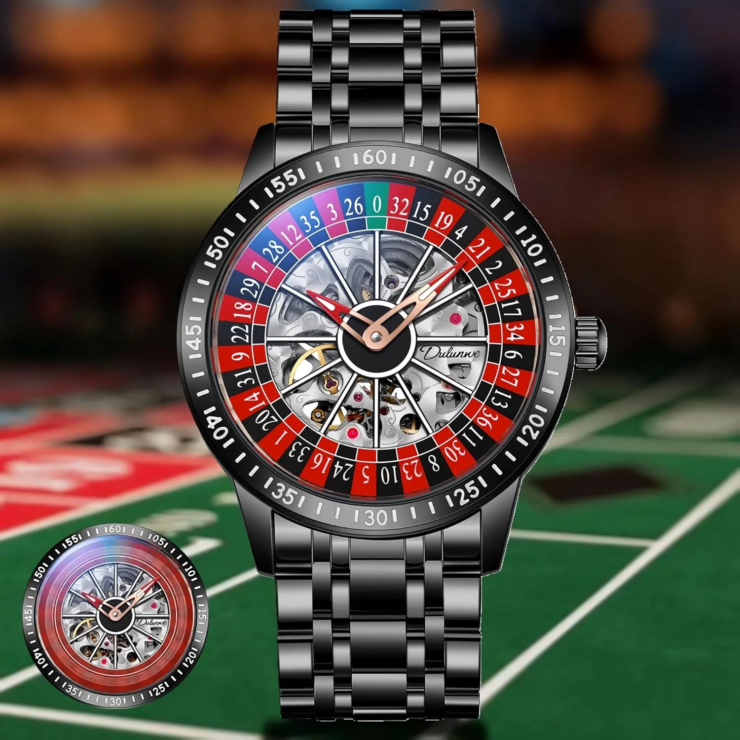 Watch Hollow Skeleton Watches for Men Swinging Rotary Dial Design Stainless Steel Waterproof Business Wristwatch Roulette Wheel Men's Watches Automatic son insignificant imbalance Mechanical 