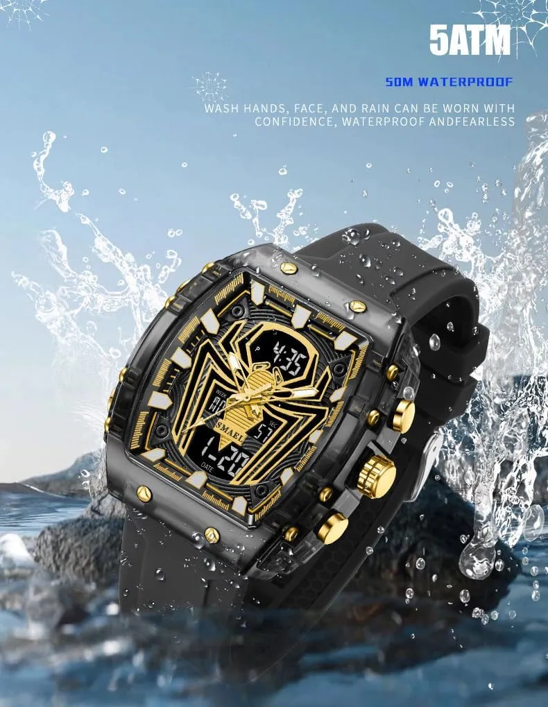 Watch Large Face Digital Analog Dual Time Display Stopwatch Punk Cool Design Silicon Strap Wrist Watch for Men Luxury Spider Man mandible simplicity perish consult Watch Quartz 