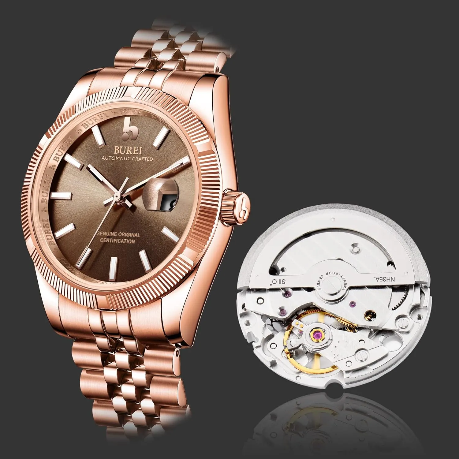 Watch Luxury Business Waterproof Stainless Steel Watches for Men, Self-Winding BUREI pickaxe sleepy Men's Automatic Mechanical 