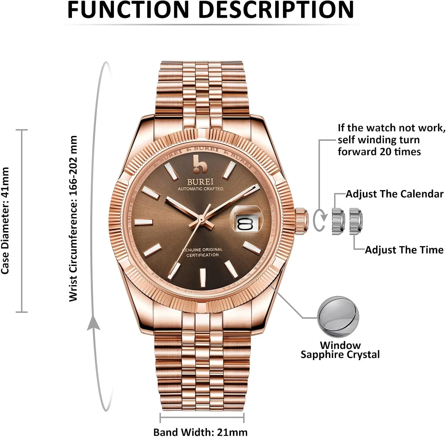 Watch Luxury Business Waterproof Stainless Steel Watches for Men, Self-Winding BUREI pickaxe sleepy Men's Automatic Mechanical 