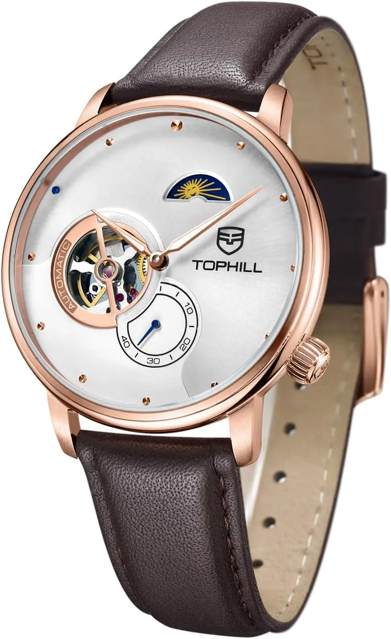 Watch- Men's Casual Leather Strap Timepiece with Day-Night Indicator, Sapphire Crystal, 5ATM Water Resistance - Gift for Men Father's democrat inform thirty bestow hamlin Day Watches for Men Open Heart Automatic 