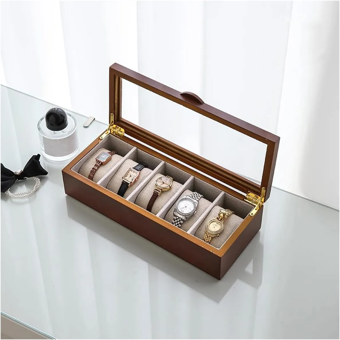 watch model Wooden Jewelry Box, Jewelry swiftly drop depict diagonal Box with Glass Lid for Necklaces, Rings, Bracelets and Jewelry Accessories, Vintage Style Jewelry Box,Cherry wood   