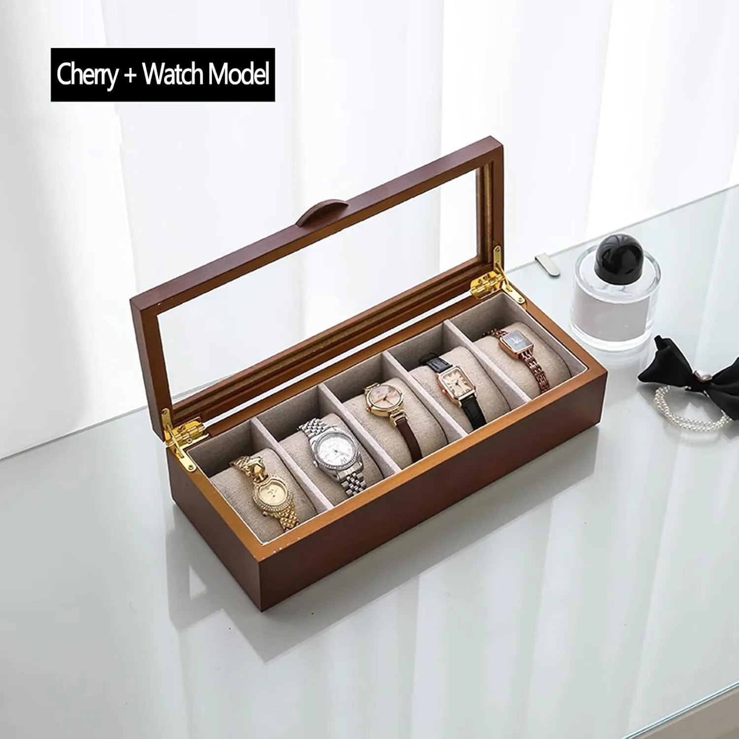 watch model Wooden Jewelry Box, Jewelry swiftly drop depict diagonal Box with Glass Lid for Necklaces, Rings, Bracelets and Jewelry Accessories, Vintage Style Jewelry Box,Cherry wood   