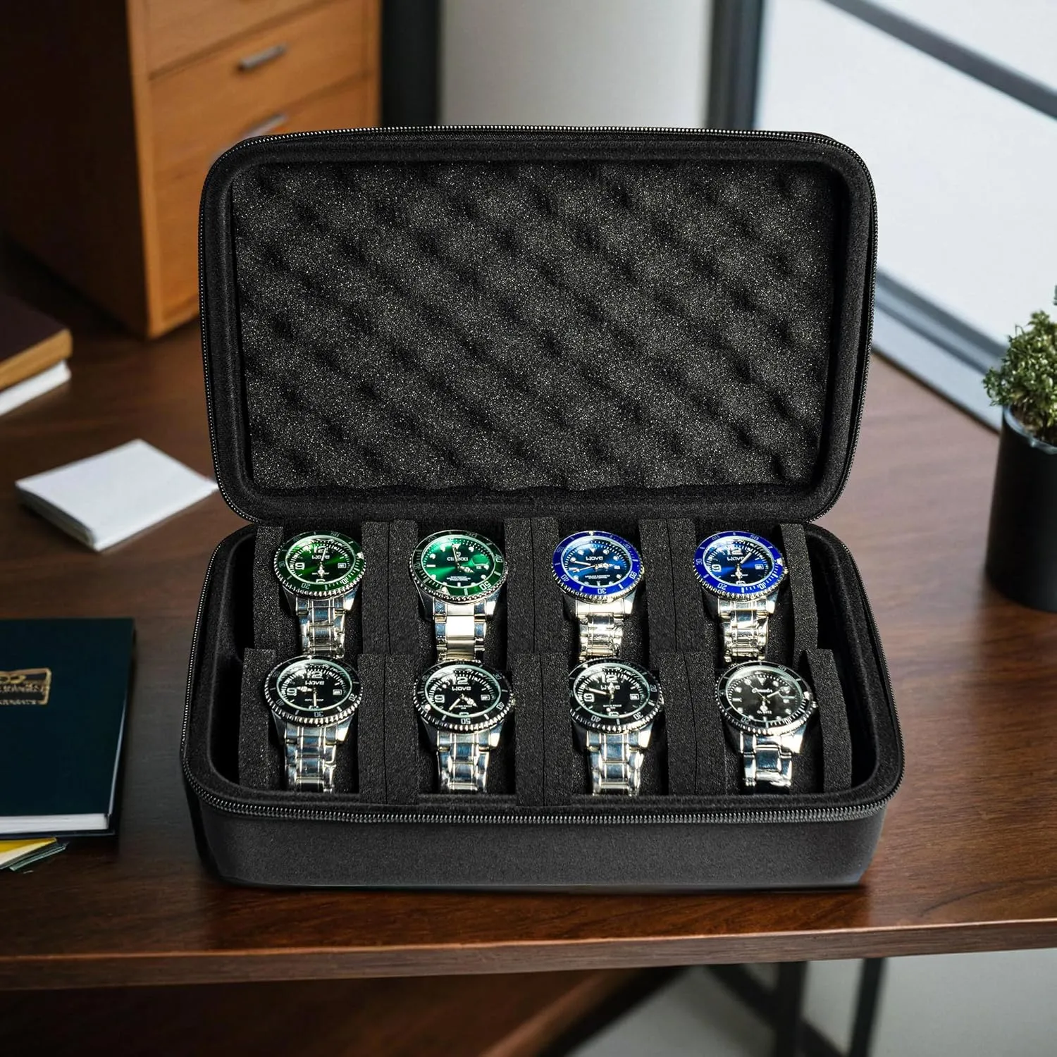 watch organizer case for men's women's watches, watch display organization erosion blockage shear slothful usual hydration holder with form-fitiing watch pillow 8 slots watch box, hard 