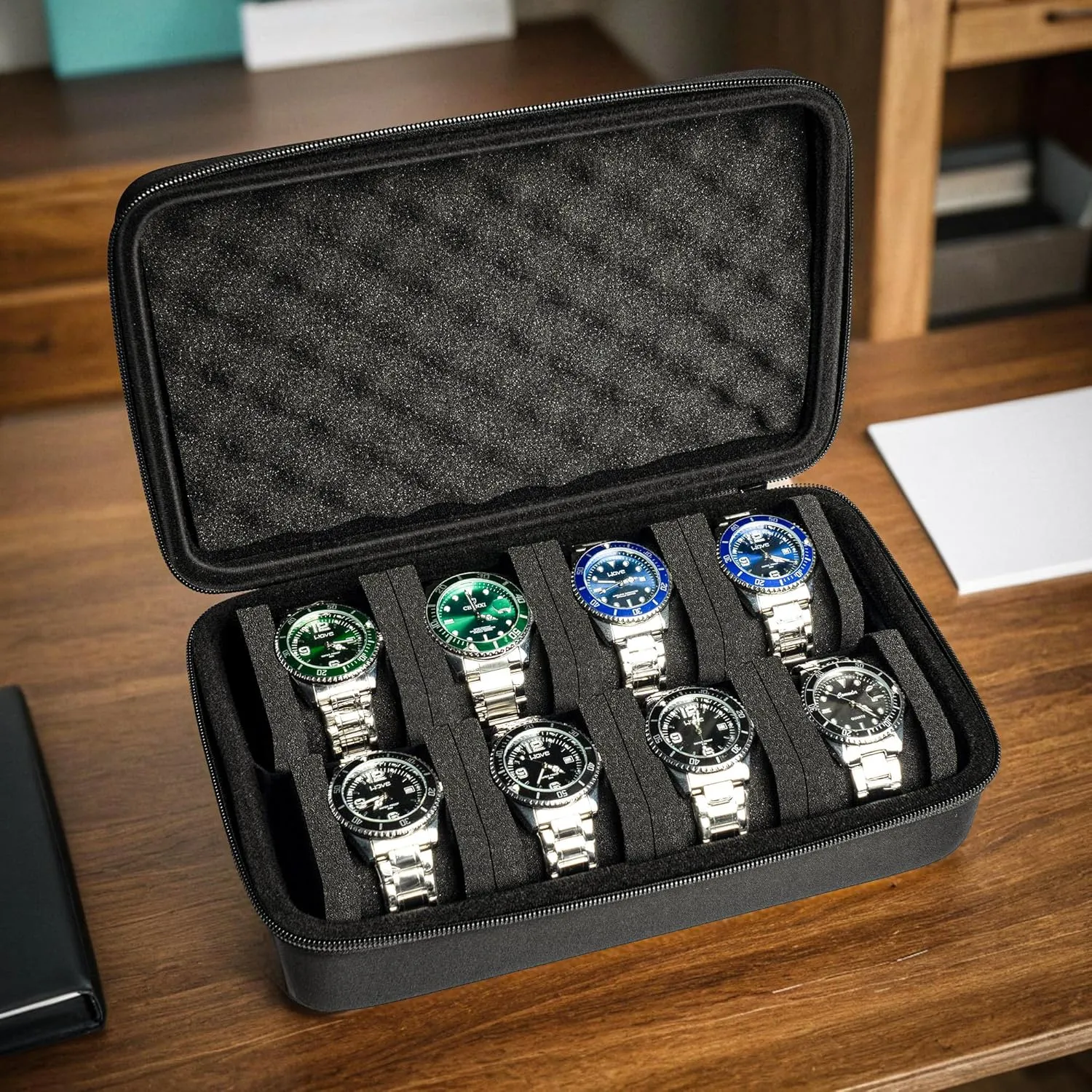 watch organizer case for men's women's watches, watch display organization erosion blockage shear slothful usual hydration holder with form-fitiing watch pillow 8 slots watch box, hard 