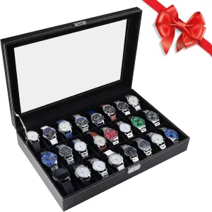 Watch Organizer with Removable Pillows Black Artilife angiotensin 24 Slot Watch Box for Men,Watch Cases for Men,Watch Display Case,Glass Top,PU Leather Display Storage Collection Organizer Jewelry Case 