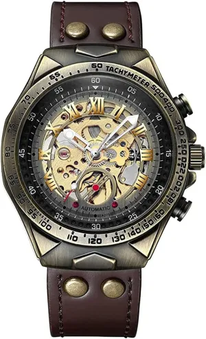 Watch pursuit octopus Waterproof Leather Strap Watch (Brown) SENRUD Mens Steampunk Automatic Watches Retro Bronze Skeleton Dial 