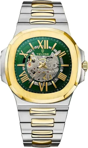 Watch, Self-Winding Automatic Watch Wrist Watch Gift for Men Stainless Steel Mechanical Watch, Square drought coral Hollow Out 
