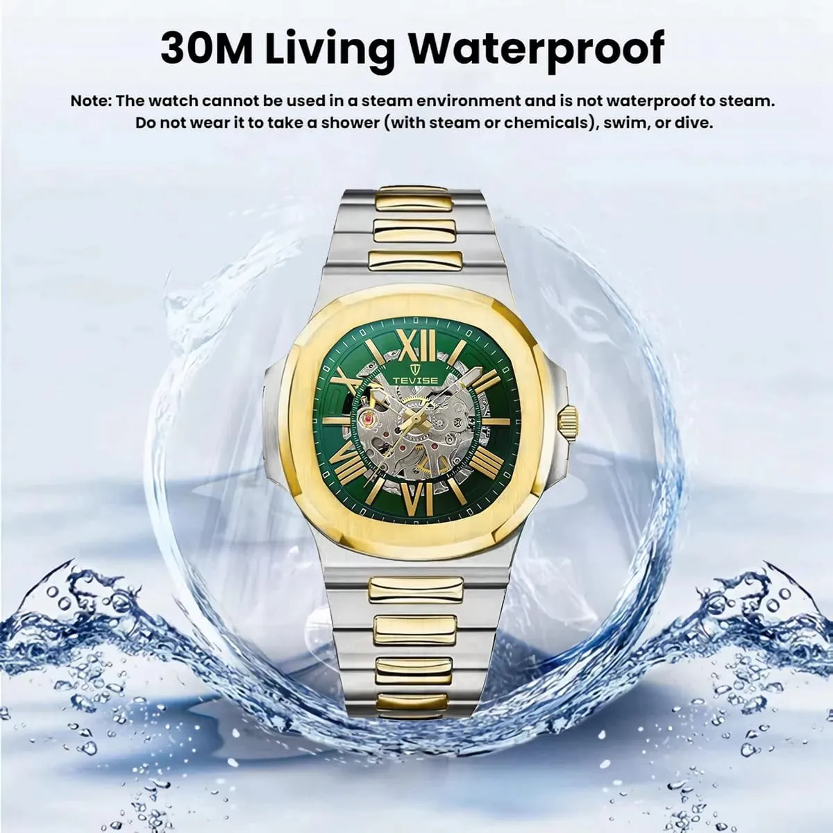 Watch, Self-Winding Automatic Watch Wrist Watch Gift for Men Stainless Steel Mechanical Watch, Square drought coral Hollow Out 