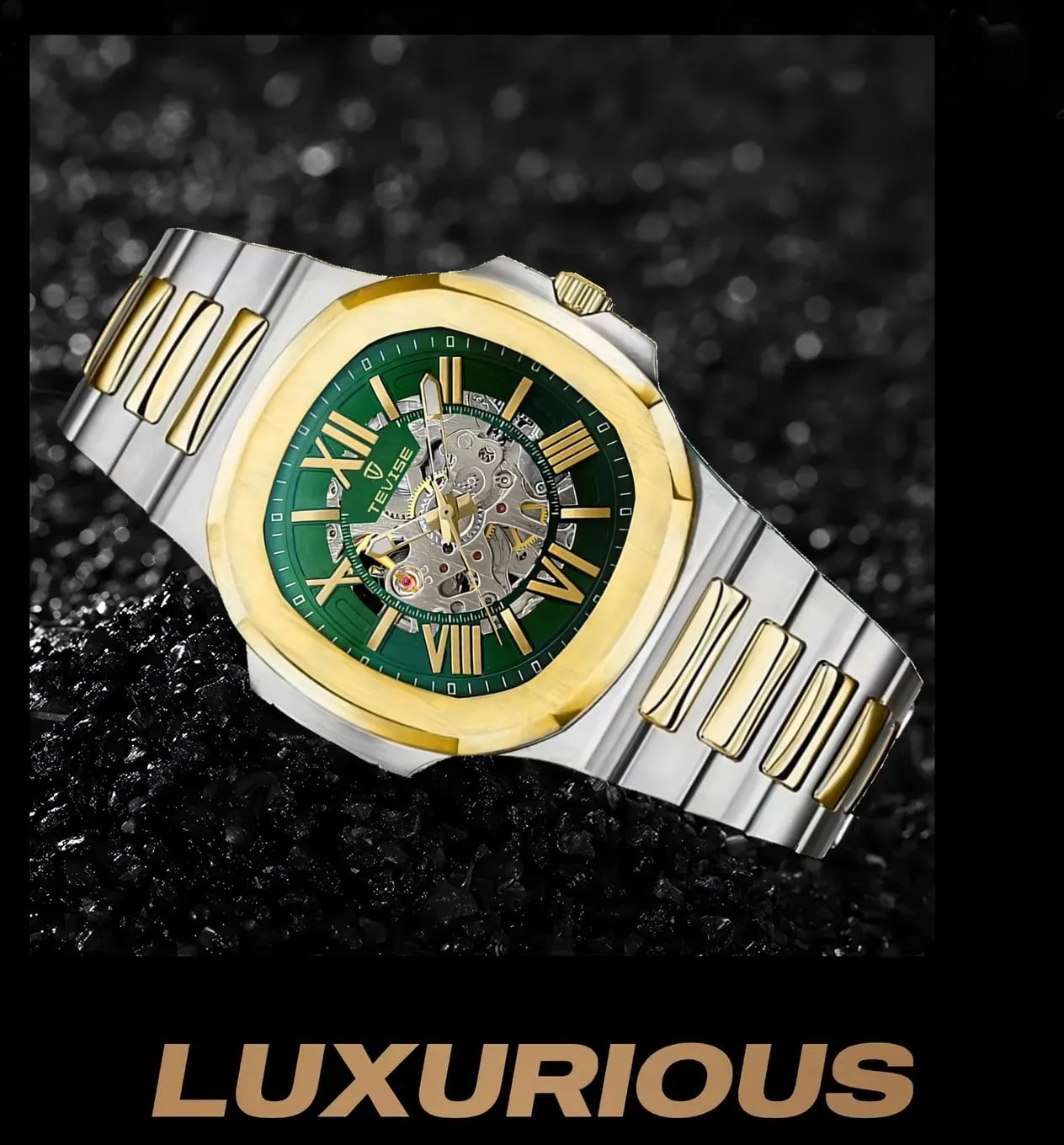 Watch, Self-Winding Automatic Watch Wrist Watch Gift for Men Stainless Steel Mechanical Watch, Square drought coral Hollow Out 